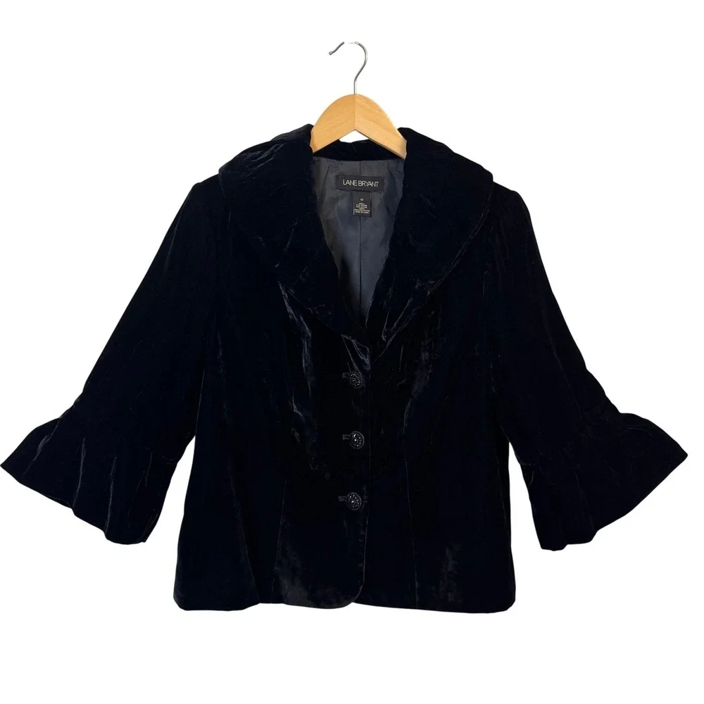 Lane Bryant Jacket 14 Black Velvet Bell Sleeve Puff Collar Cocktail Victorian - Picture 8 of 8